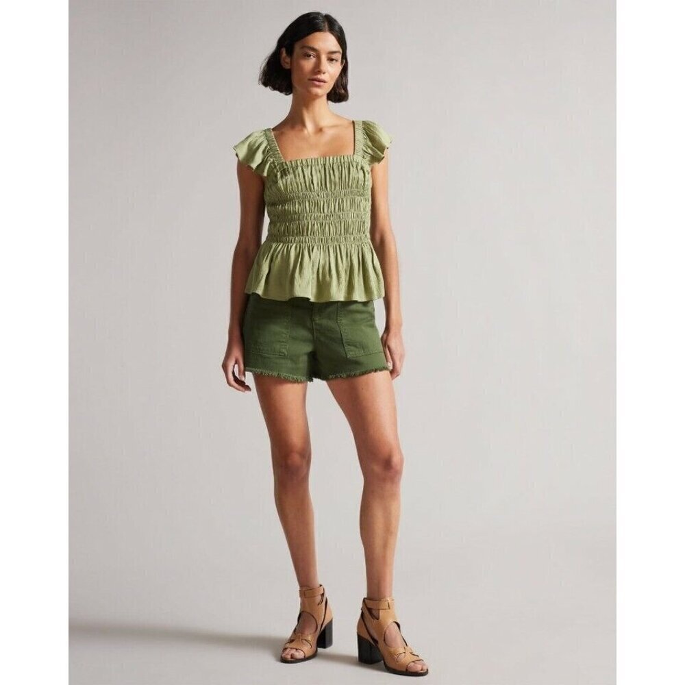 NWT $175 TED BAKER LONDON ALOVIA SMOCKED TOP LACE UP BACK MID-GREEN TOP SZ 2/US6